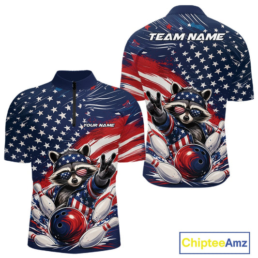 Front and back view of a men's bowling quarter zip shirt mockup featuring a patriotic raccoon, a red, white, and blue bowling ball knocking down pins, and a flowing American flag design.