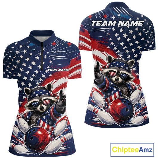 Front and back views of a women's bowling quarter-zip shirt mockup featuring a patriotic raccoon flashing a peace sign as a red, white, and blue bowling ball crashes through falling pins with a flowing American flag backdrop.