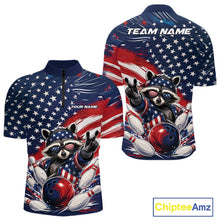 Load image into Gallery viewer, Front and back view of a men's bowling quarter zip shirt mockup featuring a patriotic raccoon, a red, white, and blue bowling ball knocking down pins, and a flowing American flag design.