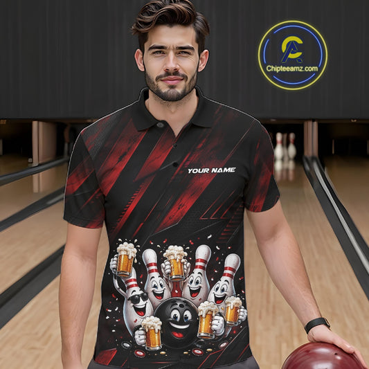 Front view of a male model wearing a black and red bowling polo shirt featuring funny cartoon bowling balls and pins raising frothy beer mugs with confetti and bold diagonal stripe graphics in a bowling lane.