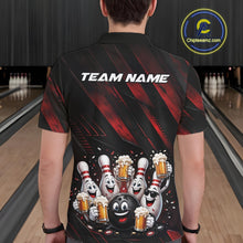 Load image into Gallery viewer, Back view of a male model wearing a black and red bowling polo shirt showcasing cartoon bowling balls and pins celebrating with frothy beer mugs, confetti, and bold diagonal stripe artwork in a bowling lane.