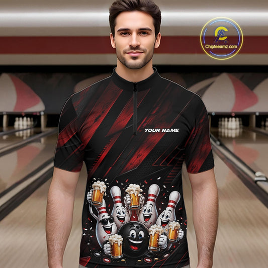 Front view of a male model wearing a black and red bowling quarter zip shirt featuring funny cartoon bowling balls and pins raising frothy beer mugs with confetti and bold diagonal stripe artwork in a bowling lane.