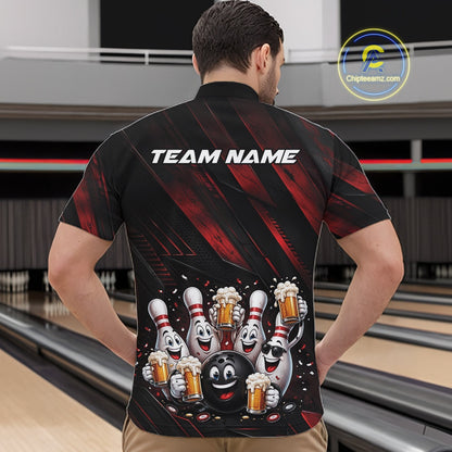 Male model shown from the front wearing a black and red bowling quarter zip shirt with festive cartoon bowling balls and pins celebrating with frothy beer mugs, confetti, and bold diagonal stripes at a bowling lane.