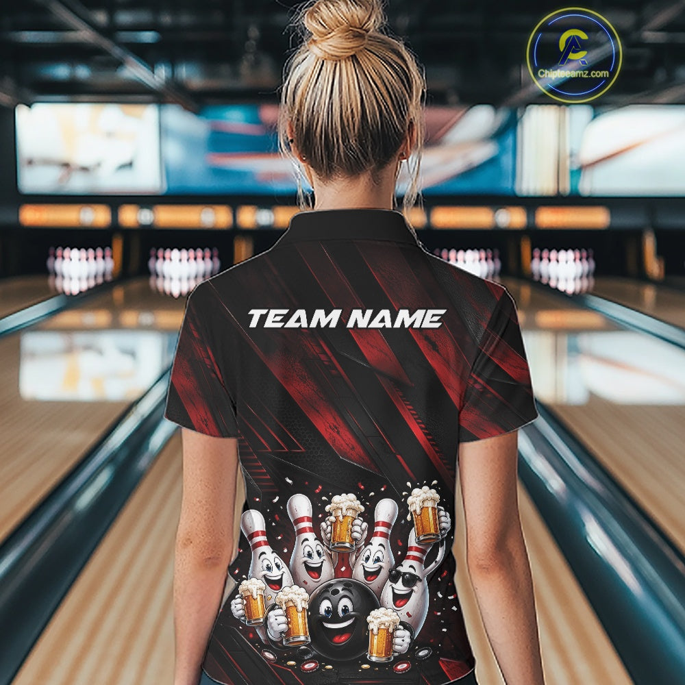 Back view of a female model wearing a black and red bowling quarter zip shirt featuring funny cartoon bowling balls and pins raising frothy beer mugs with confetti and bold diagonal stripes in a bowling lane.