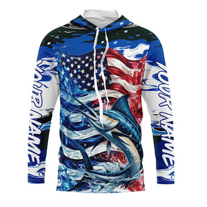 Marlin Fishing Custom Long Sleeve Fishing Shirts, American Flag Patriotic Marlin Fishing Shirt IPHW7024