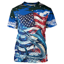 Load image into Gallery viewer, Marlin Fishing Custom Long Sleeve Fishing Shirts, American Flag Patriotic Marlin Fishing Shirt IPHW7024