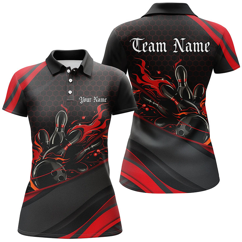 Custom Red Flame Ladies Bowling Shirts, Bowling League Bowling Team Shirts Bowlers Outfit IPHW7269