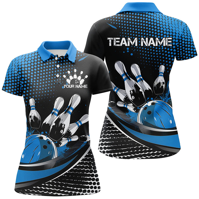 Black And Blue Custom Bowling Team Jerseys, Bowling League Shirts For Women, Bowlers Outfits IPHW7276