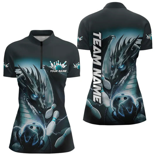 Blue Lightning Custom Dragon Bowling Quarter-Zip Shirts For Women, Team Uniform IPHW8258
