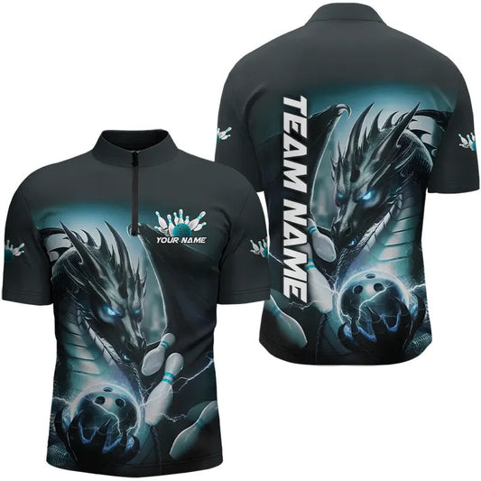 Blue Lightning Custom Dragon Bowling Quarter-Zip Shirts For Men, Bowling Tournament Team Uniform IPHW8258