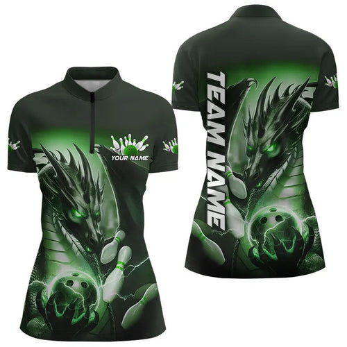 Green Lightning Custom Dragon Bowling Quarter-Zip Shirts For Women, Team Uniform IPHW8259