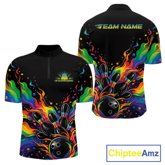 Custom Colorful Rainbow Colors Flame Bowling Men Quarter-Zip Shirt, Bowling Tournament Shirt IPHW10307