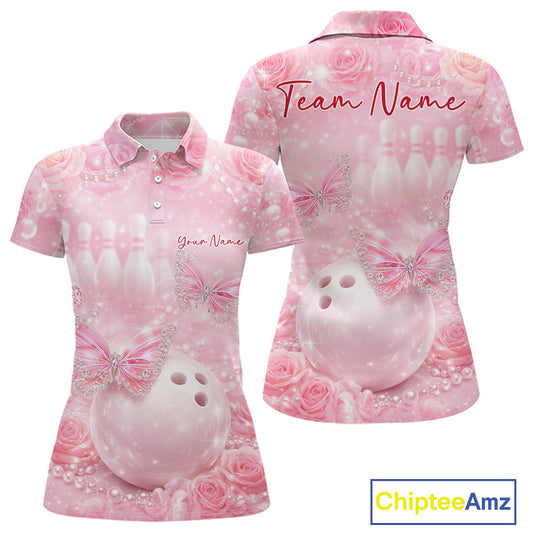 Custom Elegant Roses And Butterfly Women Bowling Polo Shirts, Ladies Bowling Shirt IPHW10312