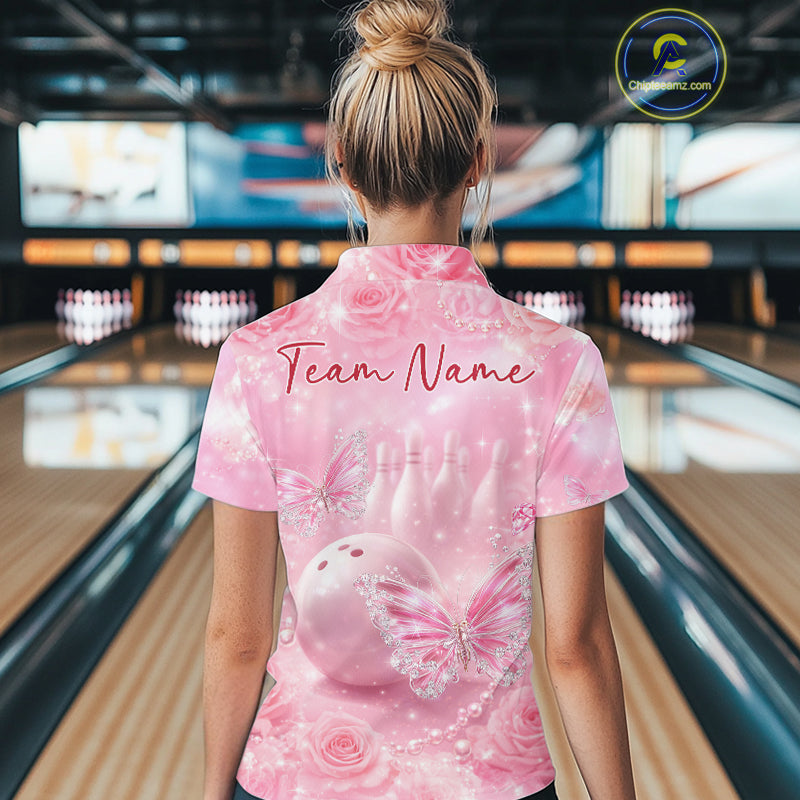 Custom Elegant Roses And Butterfly Women Bowling Polo Shirts, Ladies Bowling Shirt IPHW10313