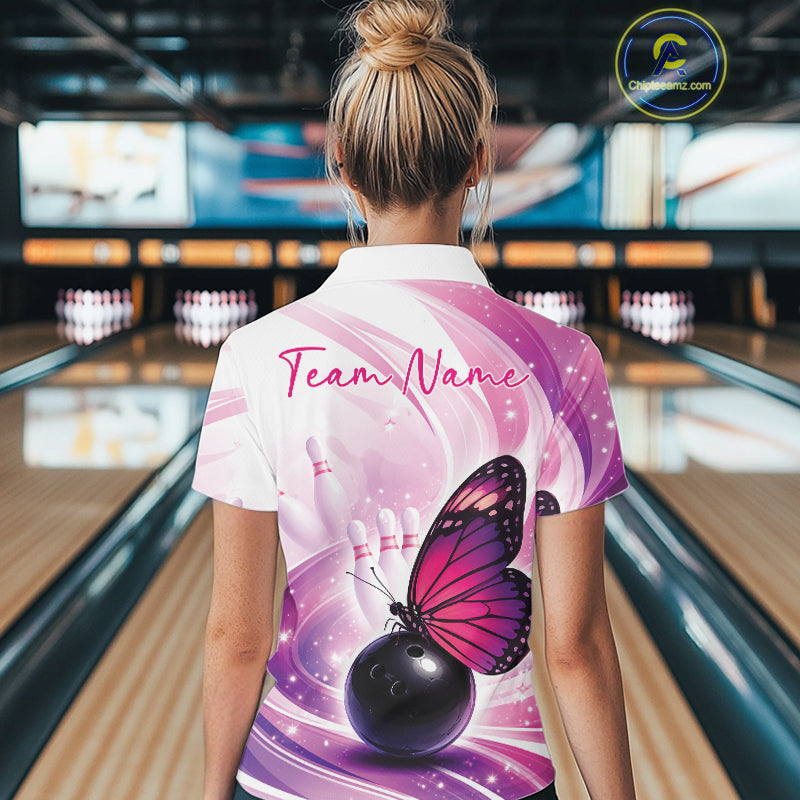 Custom Pink And Purple Butterfly Bowling Women Quarter-Zip Shirt, Ladies Bowling Shirt IPHW10311