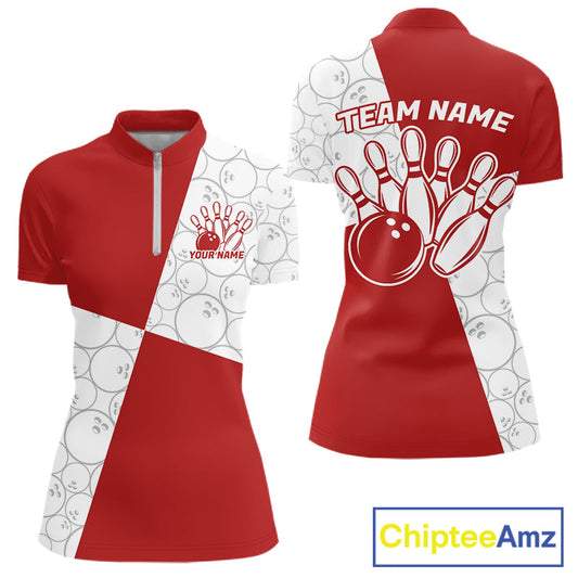 Custom White And Red Retro Style Bowling Team Shirts For Women, Bowling Jerseys IPHW10602