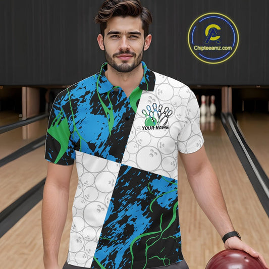 Custom Blue And Green Camo Bowling Team Shirts For Men And Women, Camouflage Bowler Outfit IPHW10607