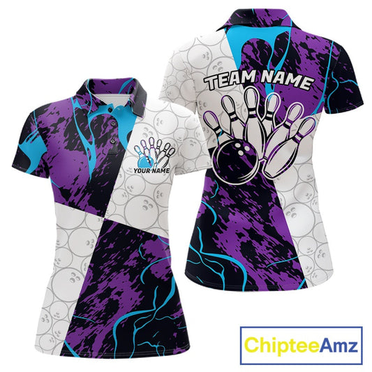Custom Blue And Purple Camo Bowling Team Shirt For Women, Camouflage Bowler Outfit IPHW10608