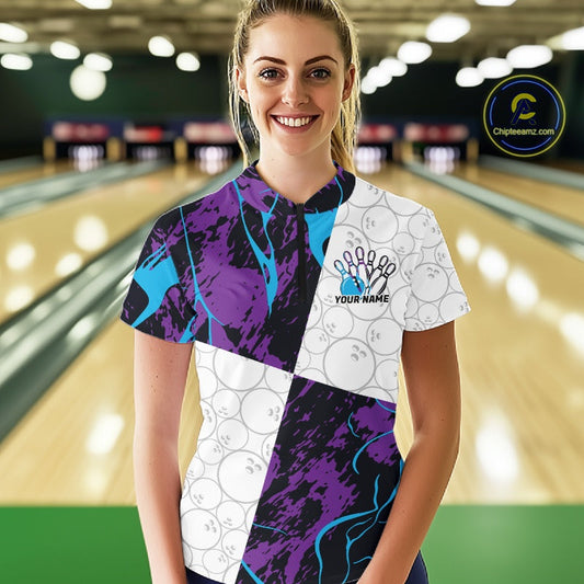 Custom Blue And Purple Camo Bowling Team Shirt For Women, Camouflage Bowler Outfit IPHW10608