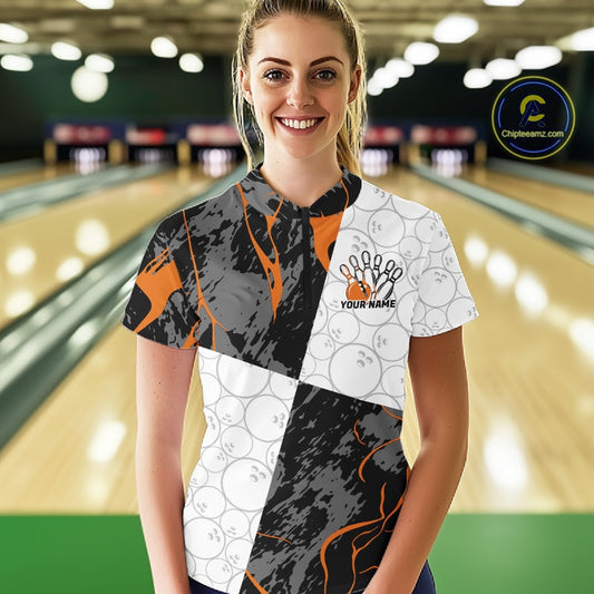 Custom Blue And Orange Camo Bowling Team Shirt For Women, Camouflage Bowler Outfit IPHW10609