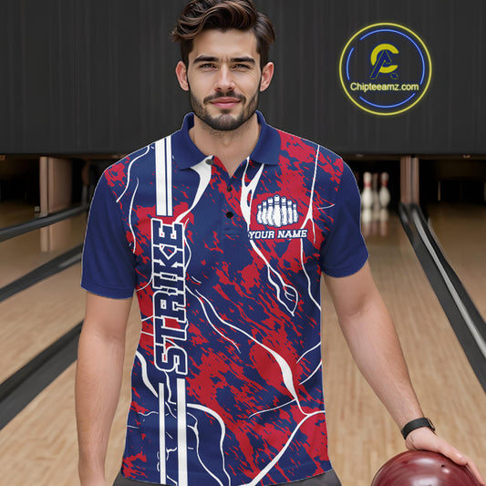 Custom Red,White And Blue Camo Strike Bowling Shirts, Patriotic Men Bowling Team Jerseys IPHW10610