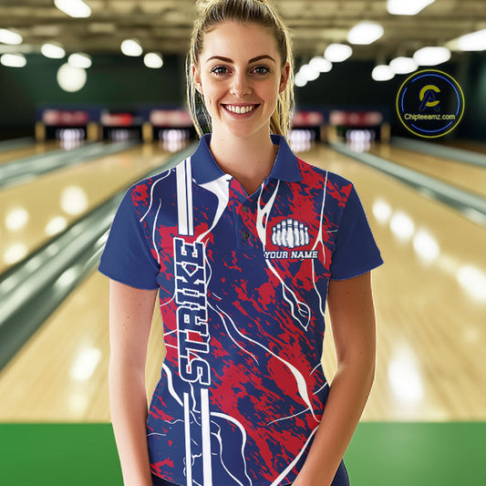 Custom Red,White And Blue Camo Strike Bowling Shirts, Patriotic Women Bowling Team Jerseys IPHW10610