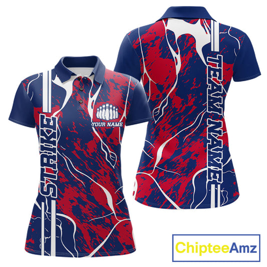 Custom Red,White And Blue Camo Strike Bowling Shirts, Patriotic Women Bowling Team Jerseys IPHW10610