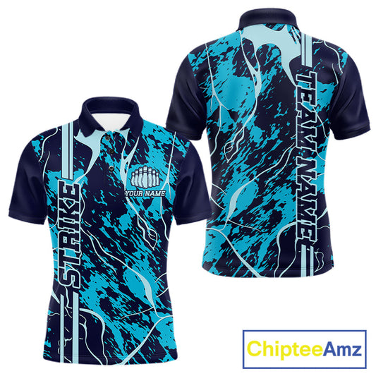 Custom Navy And Cyan Blue Camo Strike Bowling Shirt Men Bowling Team Jersey Bowling League IPHW10612