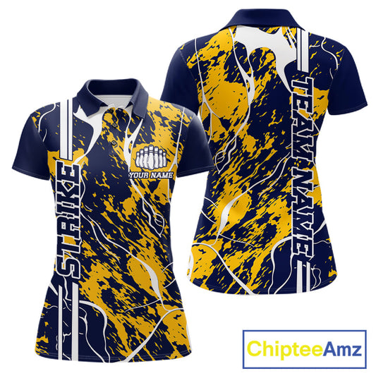 Custom Navy Blue And Yellow Camo Strike Bowling Shirt, Women Bowling League Team Jerseys IPHW10613
