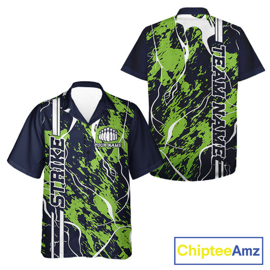 Custom Navy Blue And Green Camo Strike Bowling Shirt, Men And Women Bowling League Team Jerseys IPHW10614
