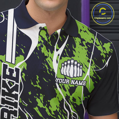 Custom Navy Blue And Green Camo Strike Bowling Shirt, Men Bowling League Team Jerseys IPHW10614