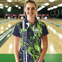 Load image into Gallery viewer, Custom Navy Blue And Green Camo Strike Bowling Shirt, Women Bowling League Team Jerseys IPHW10614