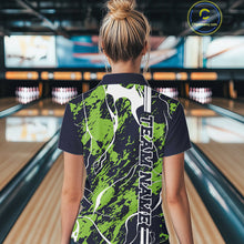 Load image into Gallery viewer, Custom Navy Blue And Green Camo Strike Bowling Shirt, Women Bowling League Team Jerseys IPHW10614