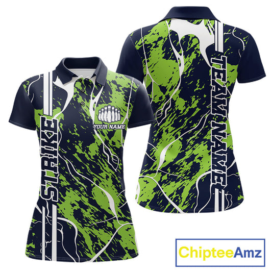 Custom Navy Blue And Green Camo Strike Bowling Shirt, Women Bowling League Team Jerseys IPHW10614