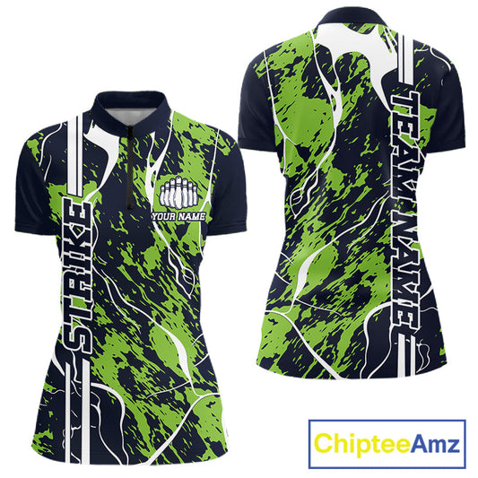 Custom Navy Blue And Green Camo Strike Bowling Shirt, Women Bowling League Team Jerseys IPHW10614