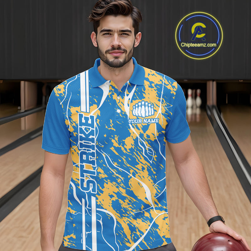 Custom Azure Blue And Yellow Camo Strike Bowling Shirt, Men Bowling League Team Jerseys IPHW10615