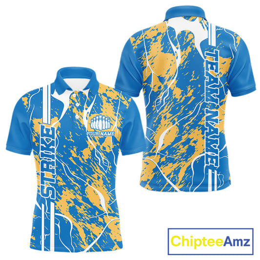 Custom Azure Blue And Yellow Camo Strike Bowling Shirt, Men Bowling League Team Jerseys IPHW10615
