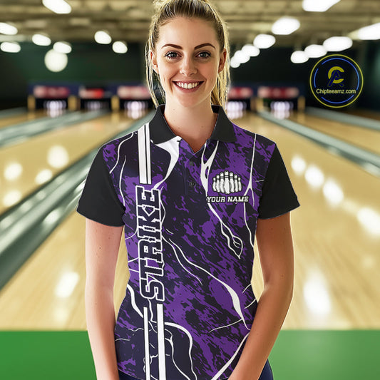 Custom Purple Camo Strike Bowling Shirts For Women, Bowling League Team Jerseys IPHW10616