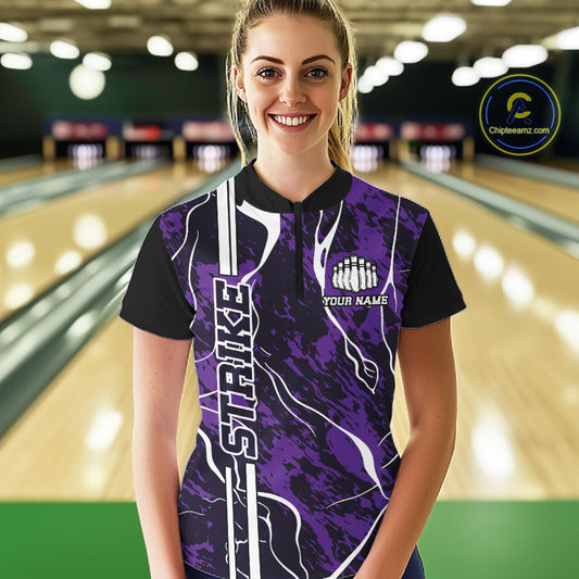 Custom Purple Camo Strike Bowling Shirts For Women, Bowling League Team Jerseys IPHW10616
