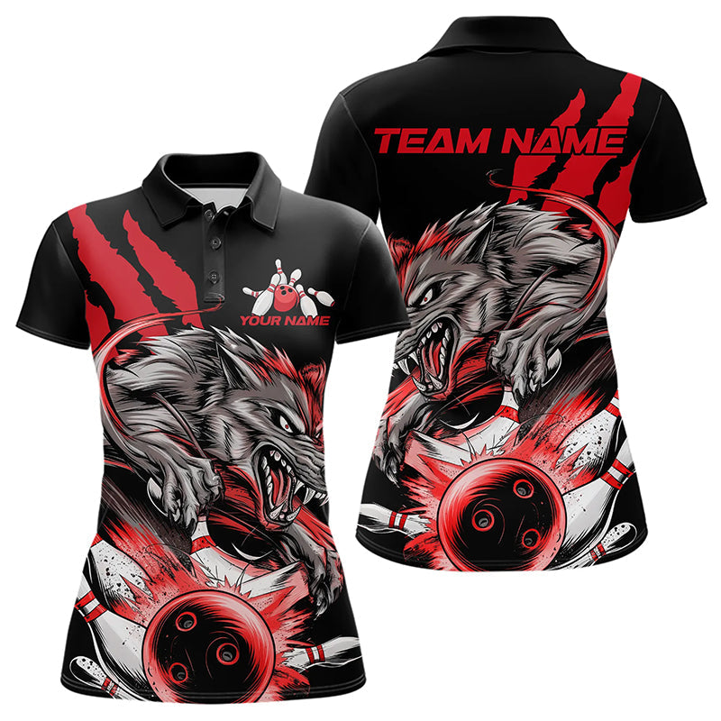 Custom Black And Red Wolf Bowling Women Polo Shirts, Wolf Scratch Bowling Team League Shirt IPHW8719