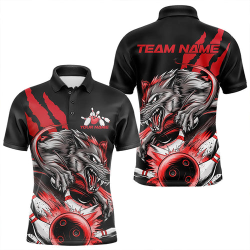 Custom Black And Red Wolf Bowling Men Polo Shirts, Wolf Scratch Bowling Team League Shirt IPHW8719