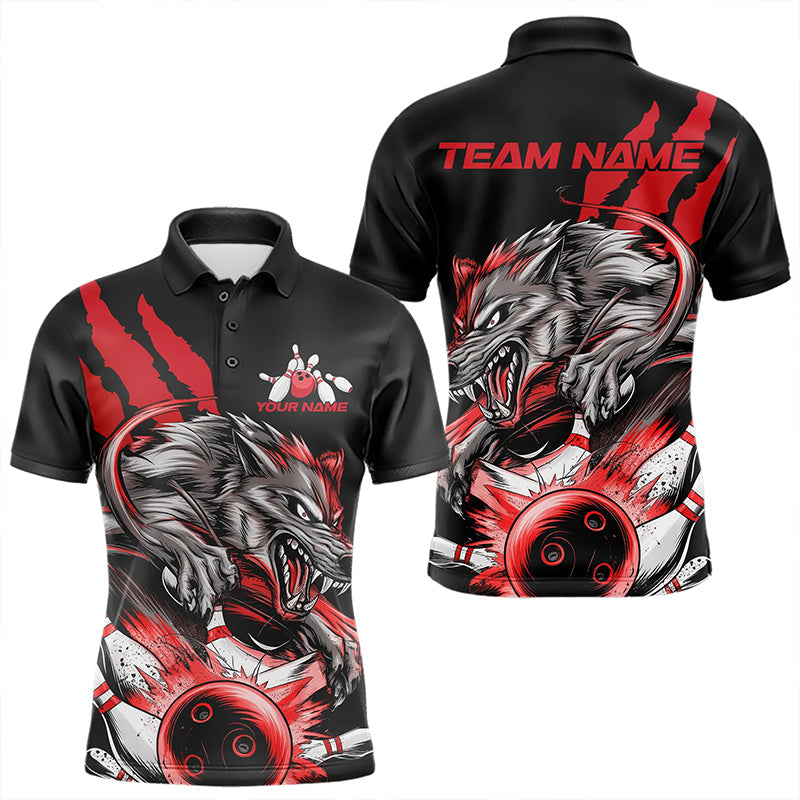 Custom Black And Red Wolf Bowling Men Polo Shirts, Wolf Scratch Bowling Team League Shirt IPHW8719