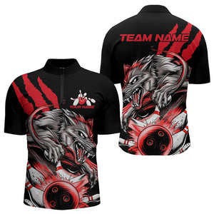 Custom Black And Red Wolf Bowling Men Quarter-Zip Shirts, Wolf Scratch Bowling Team League Shirt IPHW8719