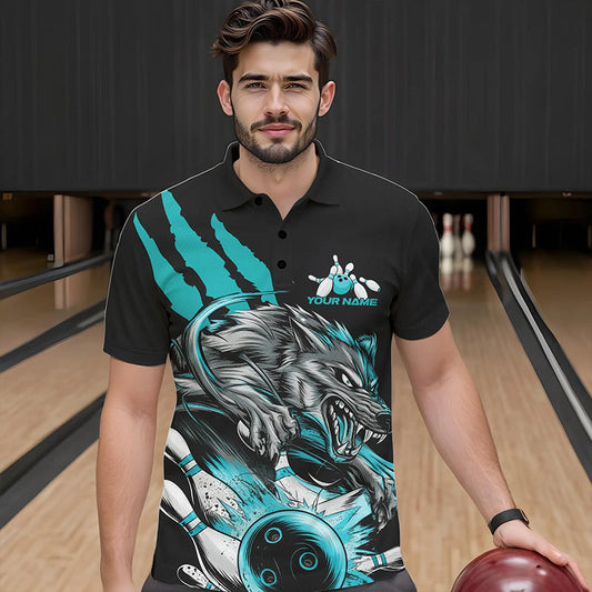 Custom Black And Blue Wolf Bowling Men Polo Shirts, Wolf Scratch Bowling Team League Shirt IPHW8720