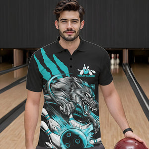 Custom Black And Blue Wolf Bowling Men Polo Shirts, Wolf Scratch Bowling Team League Shirt IPHW8720