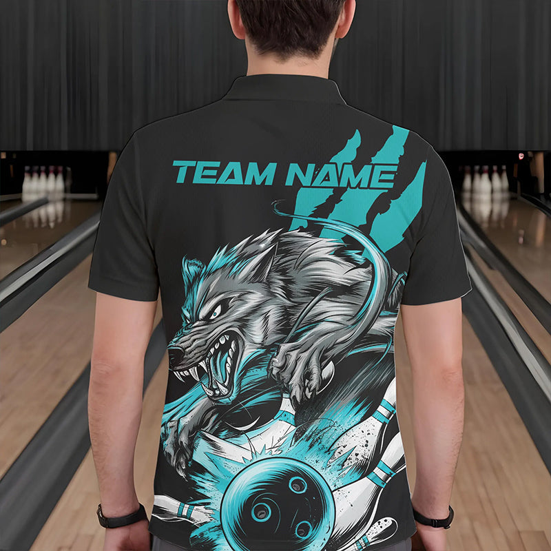Custom Black And Blue Wolf Bowling Men Polo Shirts, Wolf Scratch Bowling Team League Shirt IPHW8720