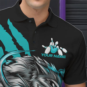 Custom Black And Blue Wolf Bowling Men Polo Shirts, Wolf Scratch Bowling Team League Shirt IPHW8720