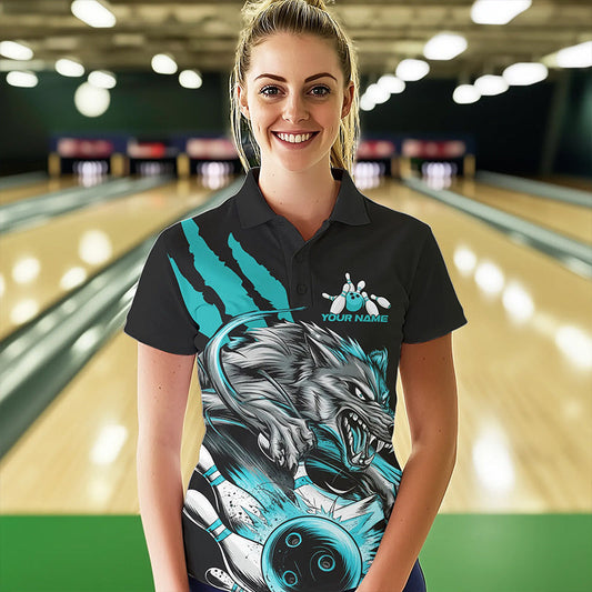 Custom Black And Blue Wolf Bowling Women Polo Shirt, Wolf Scratch Bowling Team League Shirt IPHW8720