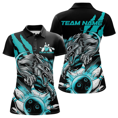 Custom Black And Blue Wolf Bowling Women Polo Shirt, Wolf Scratch Bowling Team League Shirt IPHW8720