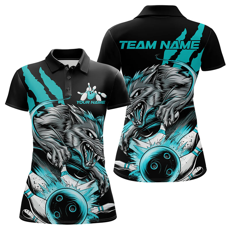 Custom Black And Blue Wolf Bowling Women Polo Shirt, Wolf Scratch Bowling Team League Shirt IPHW8720